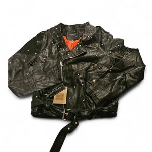 Ci Sono Black Studded Faux Leather Biker Jacket Size XL Tiger On Back